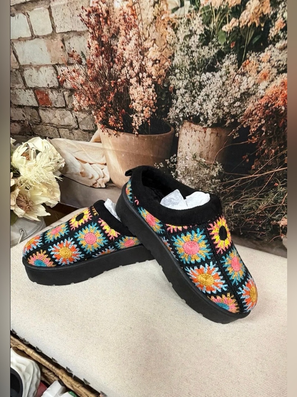 Bamboo Black Crochet Sunflower Slip-On Clog
